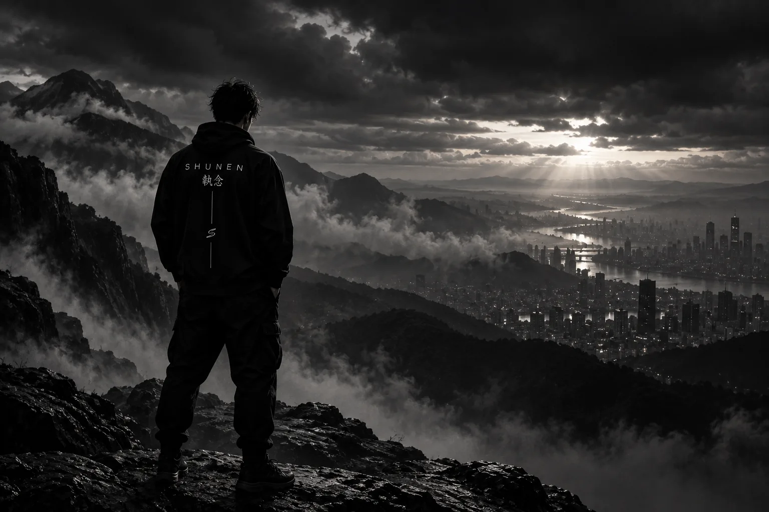 Lone figure in SHUNEN jacket overlooking a misty city from the mountains