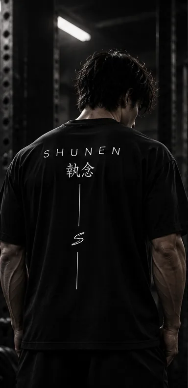 SHUNEN Oversized Tee, back view with SHUNEN wordmark and 執念 signature