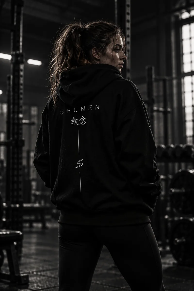 SHUNEN Oversized Hood, back view with SHUNEN wordmark and 執念 signature